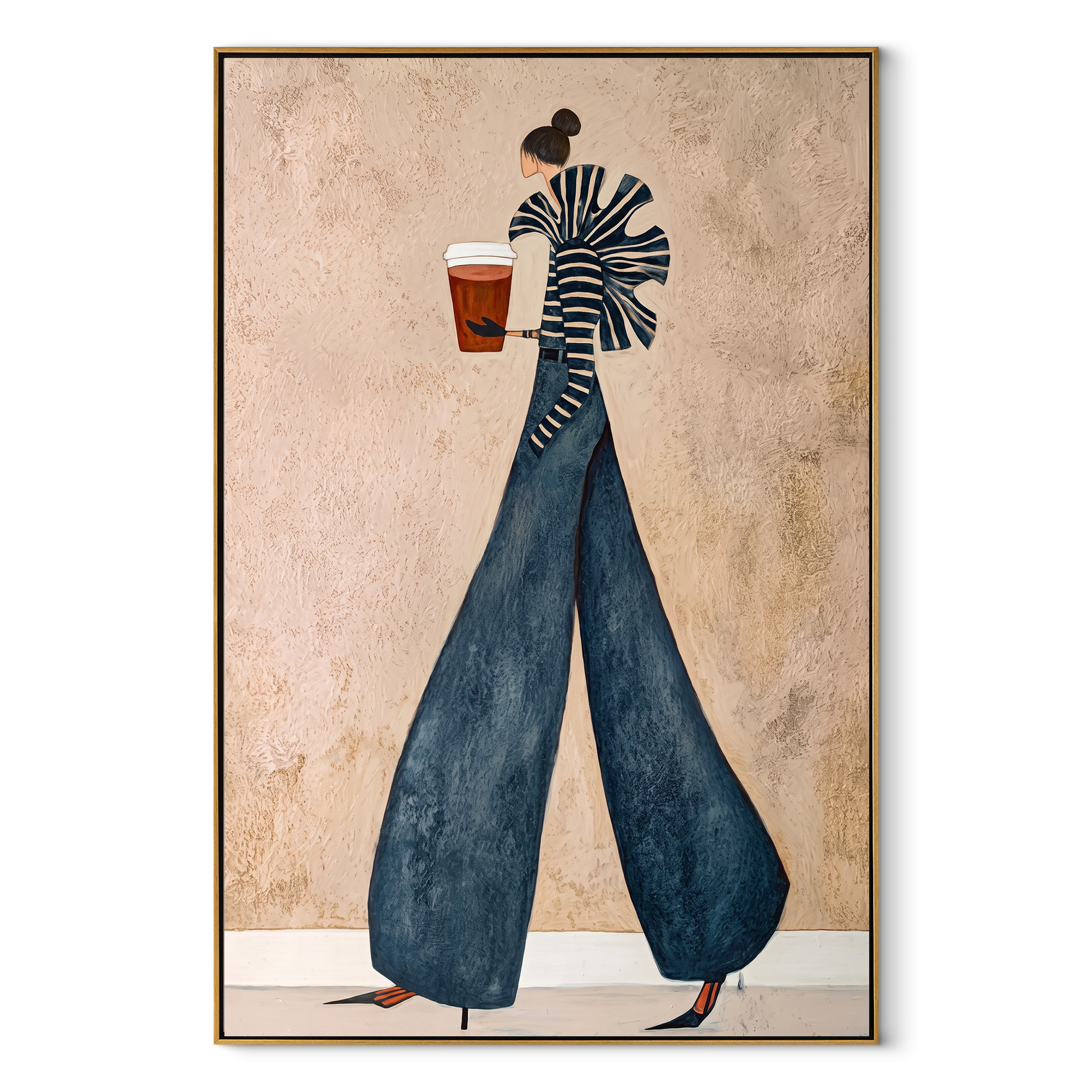 Striped Sleeves Lift the Red Cup - coffee fashion figure painting by Marcus Lau, retro modern vertical wall art – wood frame on white background