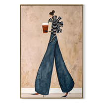 Striped Sleeves Lift the Red Cup - coffee fashion figure painting by Marcus Lau, retro modern vertical wall art – wood frame on white background