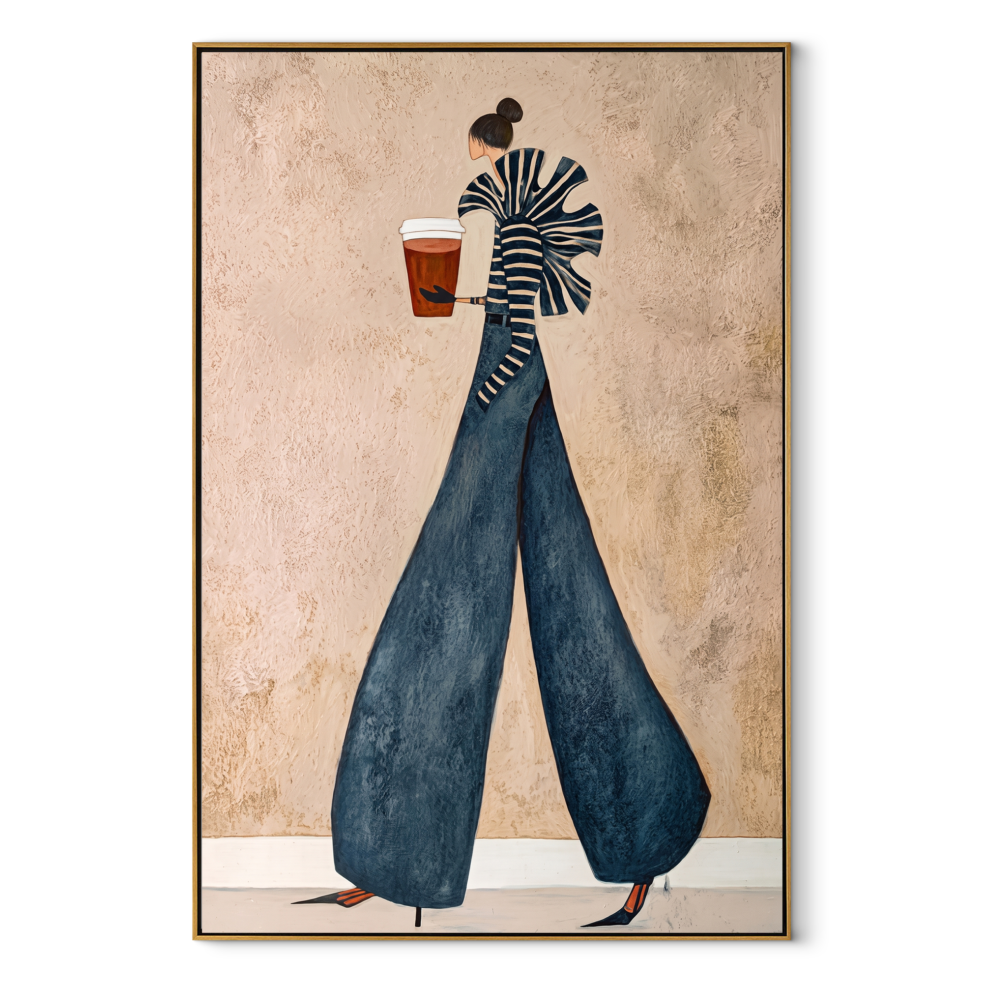 Striped Sleeves Lift the Red Cup - coffee fashion figure painting by Marcus Lau, retro modern vertical wall art – wood frame on white background