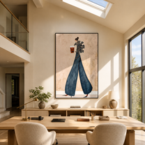 Striped Sleeves Lift the Red Cup - coffee fashion figure painting by Marcus Lau, retro modern vertical wall art – styled room scene view 4
