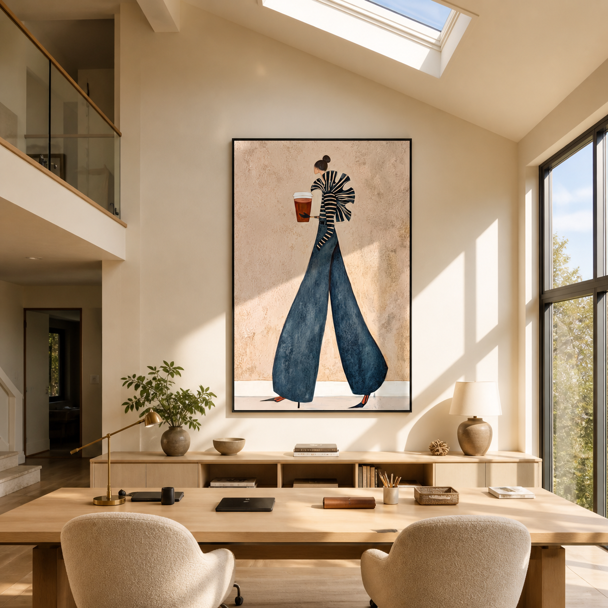 Striped Sleeves Lift the Red Cup - coffee fashion figure painting by Marcus Lau, retro modern vertical wall art – styled room scene view 4