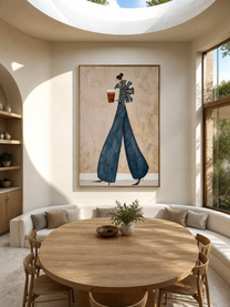 Striped Sleeves Lift the Red Cup - coffee fashion figure painting by Marcus Lau, retro modern vertical wall art – styled room scene view 5