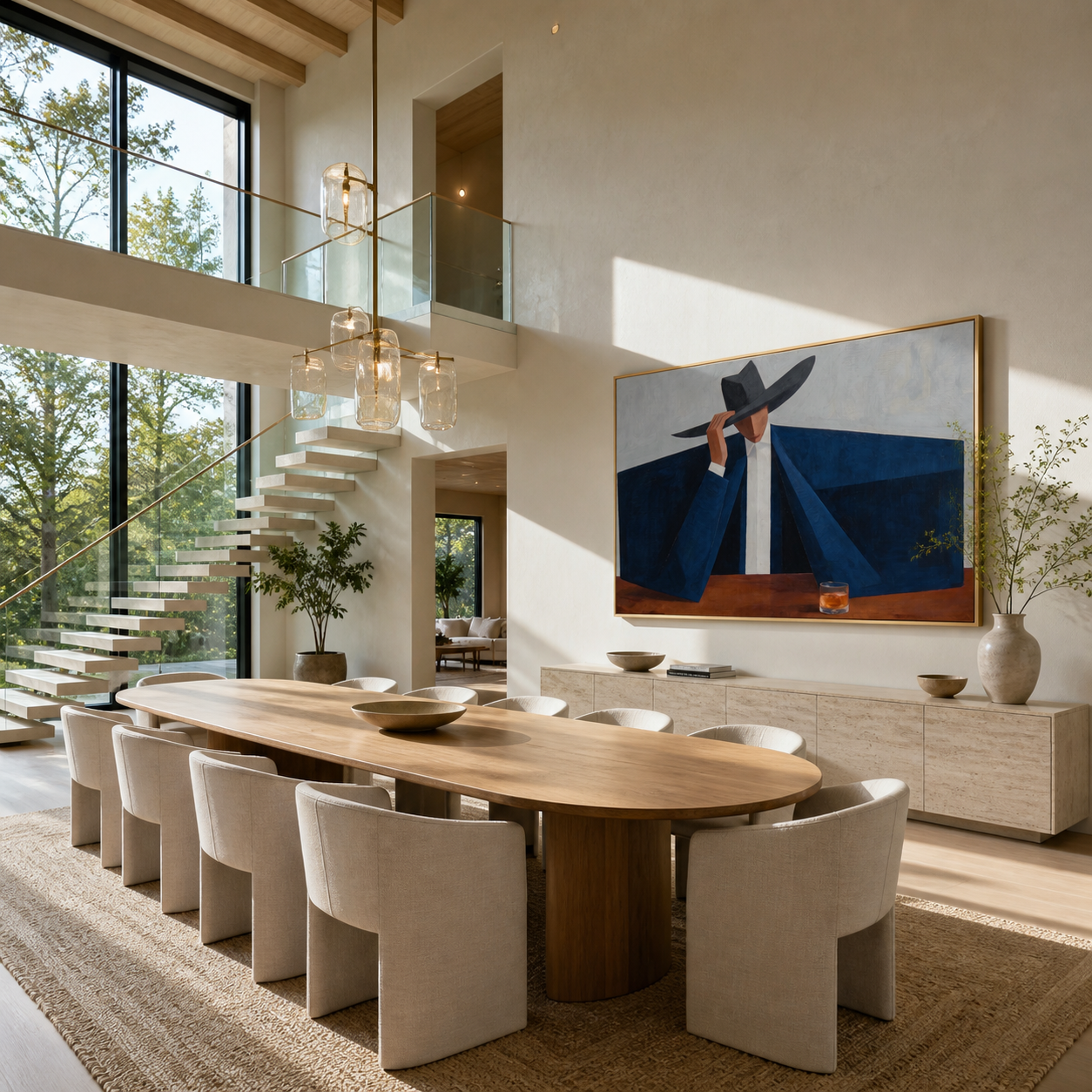 Blue Shoulders Guard the Amber Glass - man in hat painting by Marcus Lau, retro modern horizontal wall art – styled room scene view 1