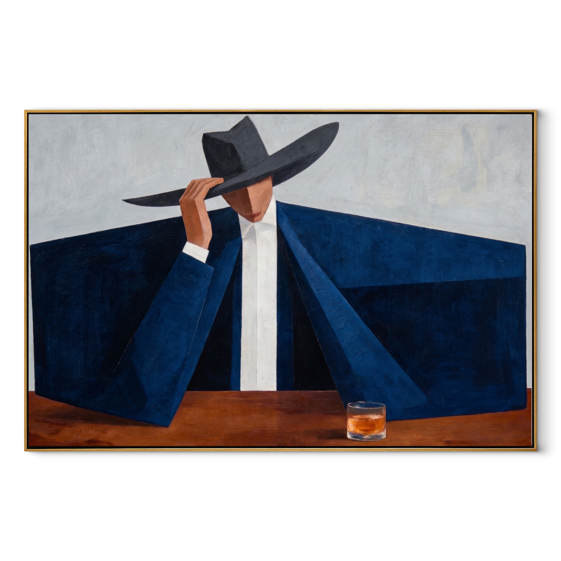 Blue Shoulders Guard the Amber Glass - man in hat painting by Marcus Lau, retro modern horizontal wall art – wood frame on white background