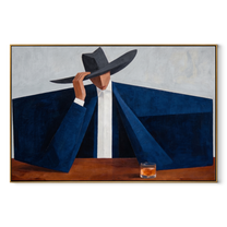 Blue Shoulders Guard the Amber Glass - man in hat painting by Marcus Lau, retro modern horizontal wall art – wood frame on white background