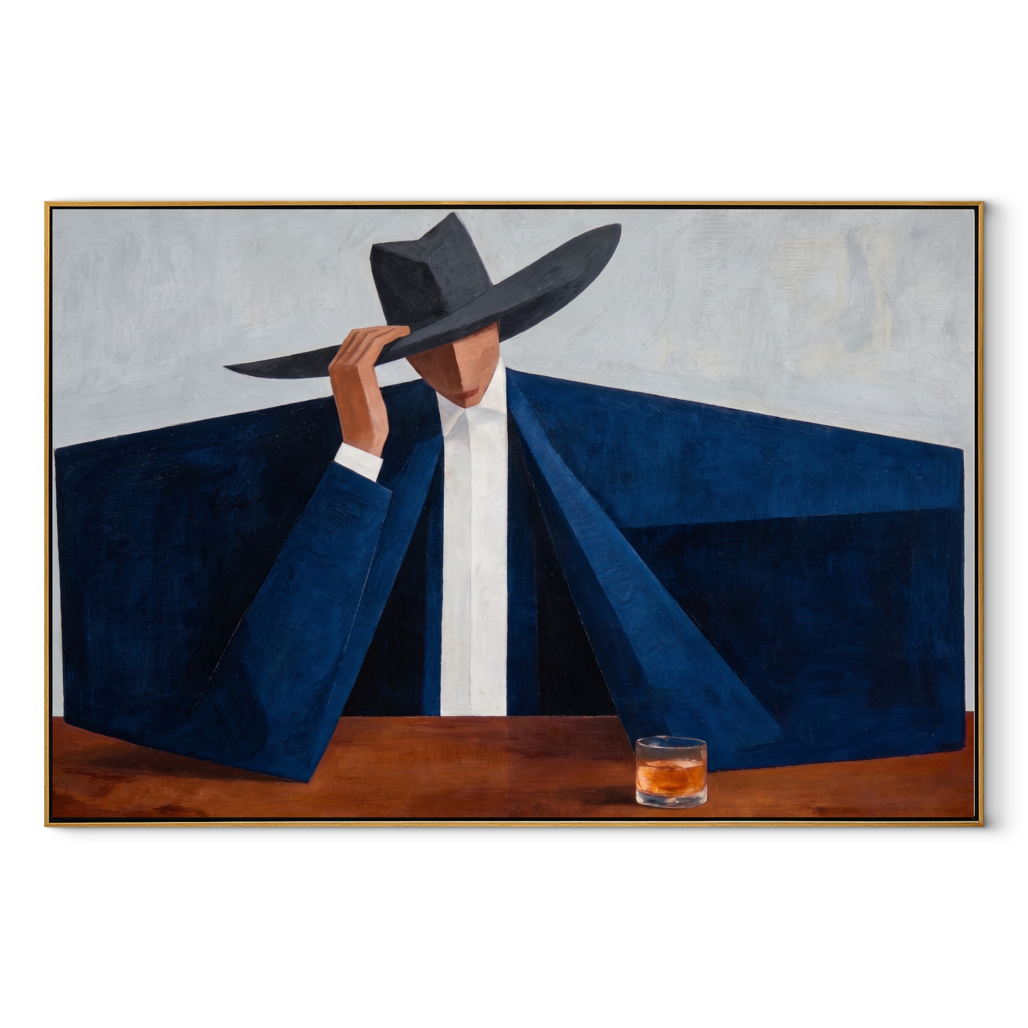 Blue Shoulders Guard the Amber Glass - man in hat painting by Marcus Lau, retro modern horizontal wall art – wood frame on white background