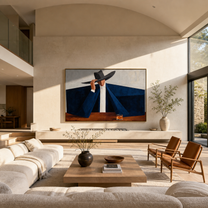 Blue Shoulders Guard the Amber Glass - man in hat painting by Marcus Lau, retro modern horizontal wall art – styled room scene view 2