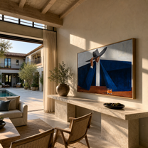 Blue Shoulders Guard the Amber Glass - man in hat painting by Marcus Lau, retro modern horizontal wall art – styled room scene view 3