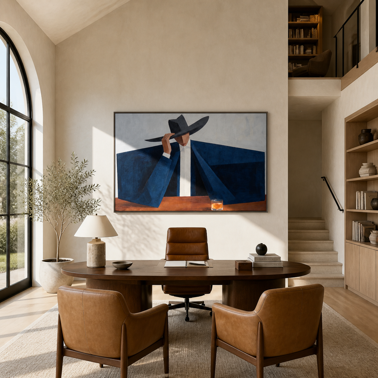Blue Shoulders Guard the Amber Glass - man in hat painting by Marcus Lau, retro modern horizontal wall art – styled room scene view 4