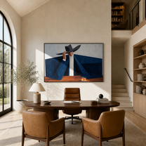 Blue Shoulders Guard the Amber Glass - man in hat painting by Marcus Lau, retro modern horizontal wall art – styled room scene view 4