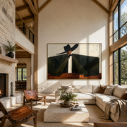 The Black Coat Spans the Table - wide brim man painting by Marcus Lau, retro modern horizontal wall art – styled room scene view 1