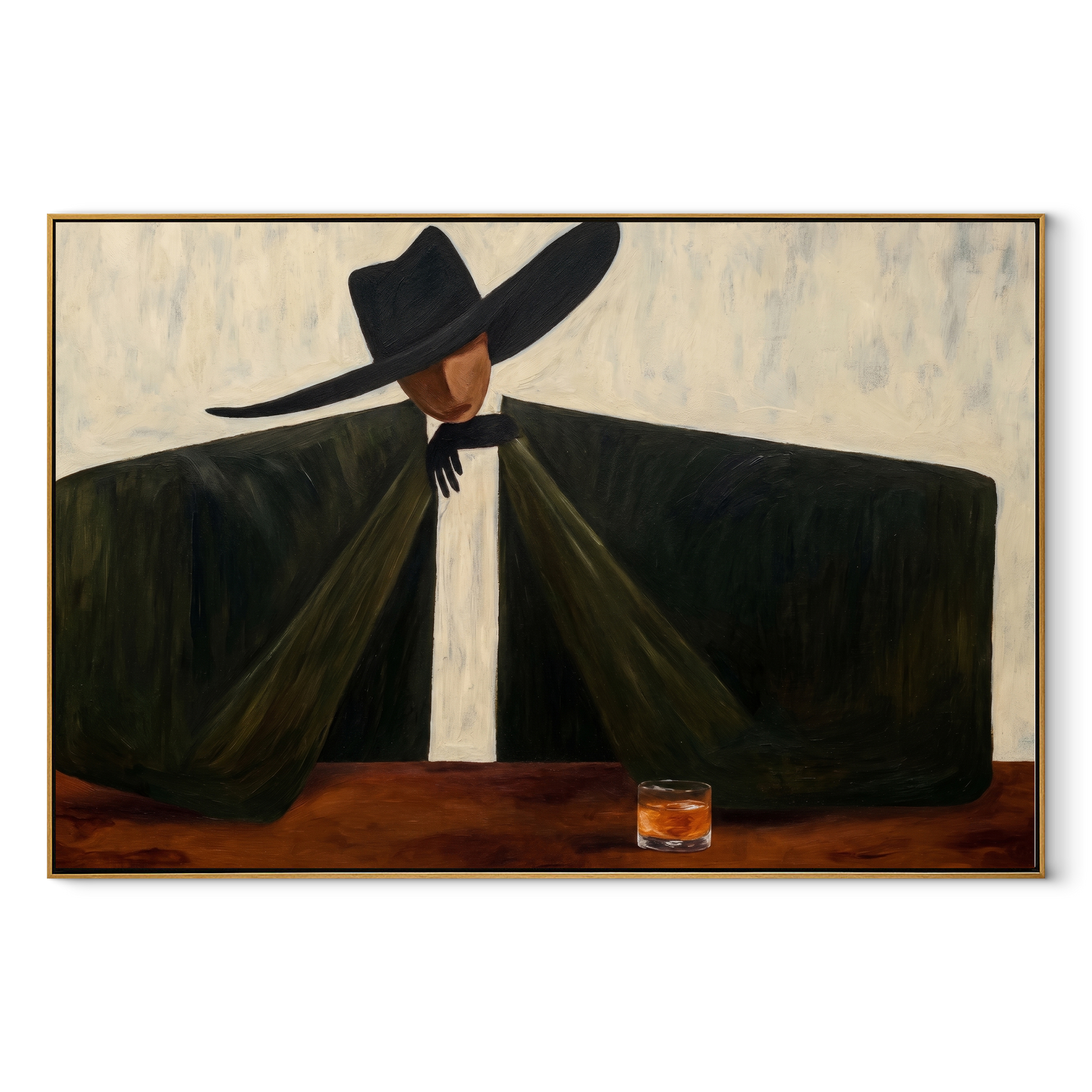 The Black Coat Spans the Table - wide brim man painting by Marcus Lau, retro modern horizontal wall art – wood frame on white background