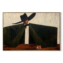 The Black Coat Spans the Table - wide brim man painting by Marcus Lau, retro modern horizontal wall art – wood frame on white background