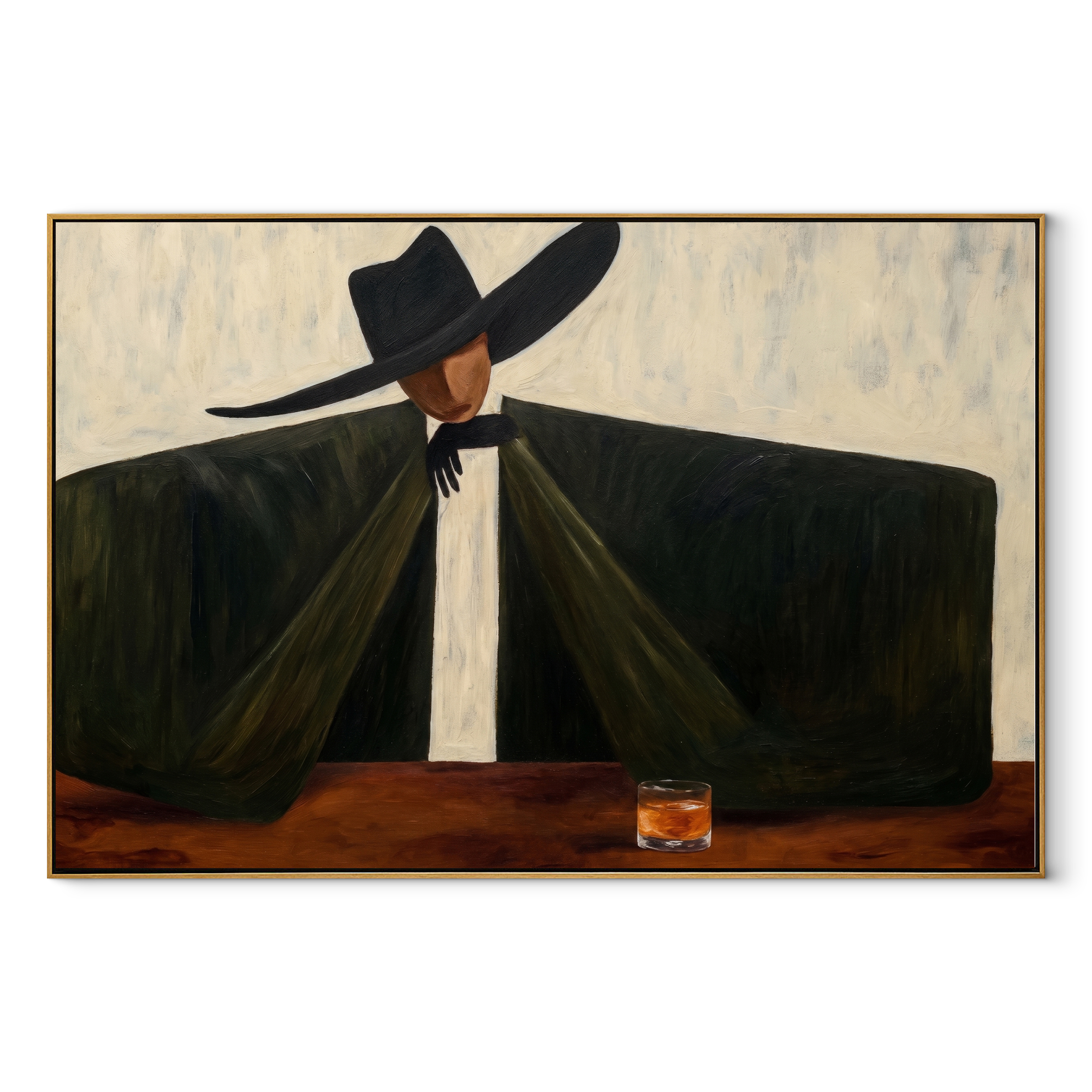 The Black Coat Spans the Table - wide brim man painting by Marcus Lau, retro modern horizontal wall art – wood frame on white background
