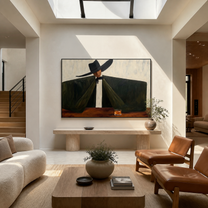 The Black Coat Spans the Table - wide brim man painting by Marcus Lau, retro modern horizontal wall art – styled room scene view 3