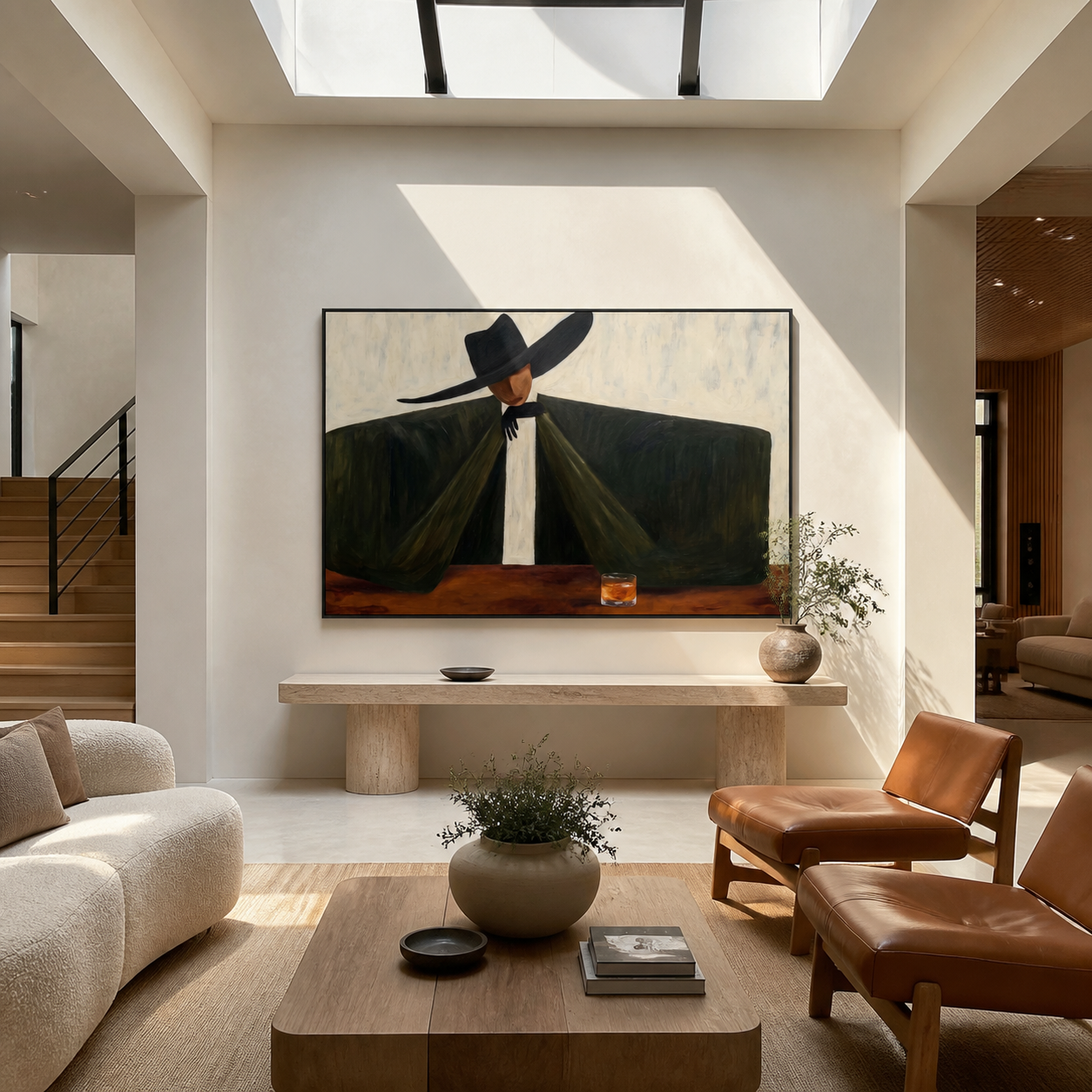 The Black Coat Spans the Table - wide brim man painting by Marcus Lau, retro modern horizontal wall art – styled room scene view 3