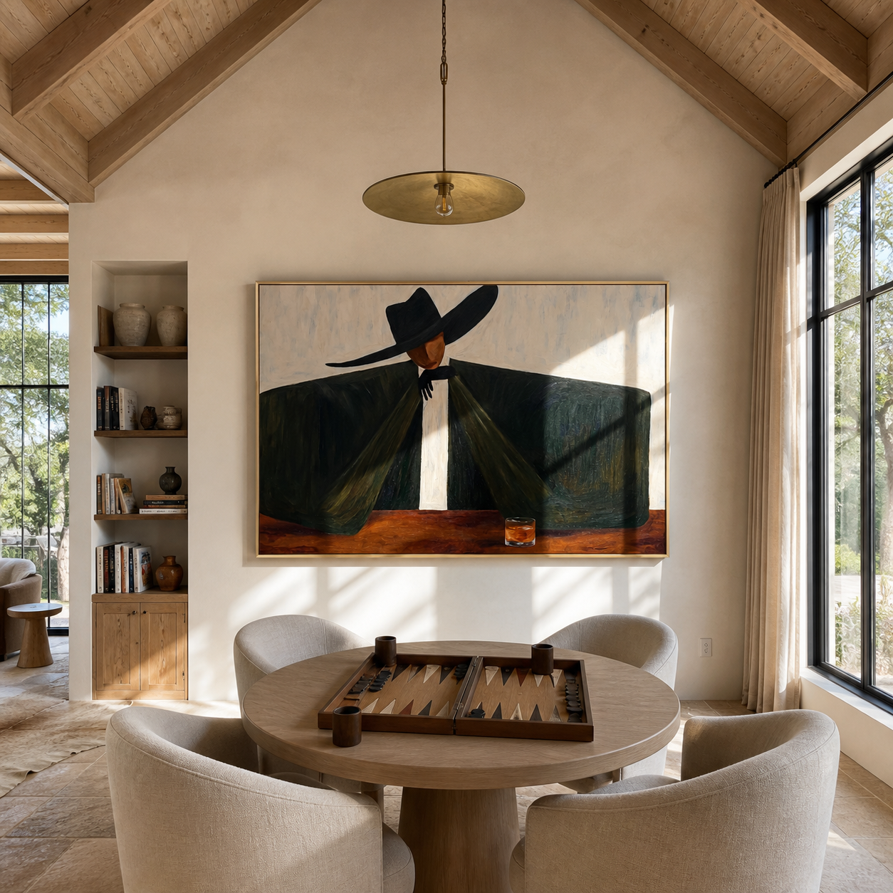 The Black Coat Spans the Table - wide brim man painting by Marcus Lau, retro modern horizontal wall art – styled room scene view 4