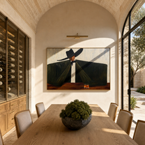 The Black Coat Spans the Table - wide brim man painting by Marcus Lau, retro modern horizontal wall art – styled room scene view 5