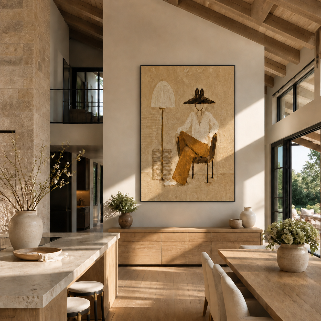 White Shirt Waits beneath Two Lamps - seated fashion figure painting by Marcus Lau, retro modern vertical wall art – styled room scene view 1