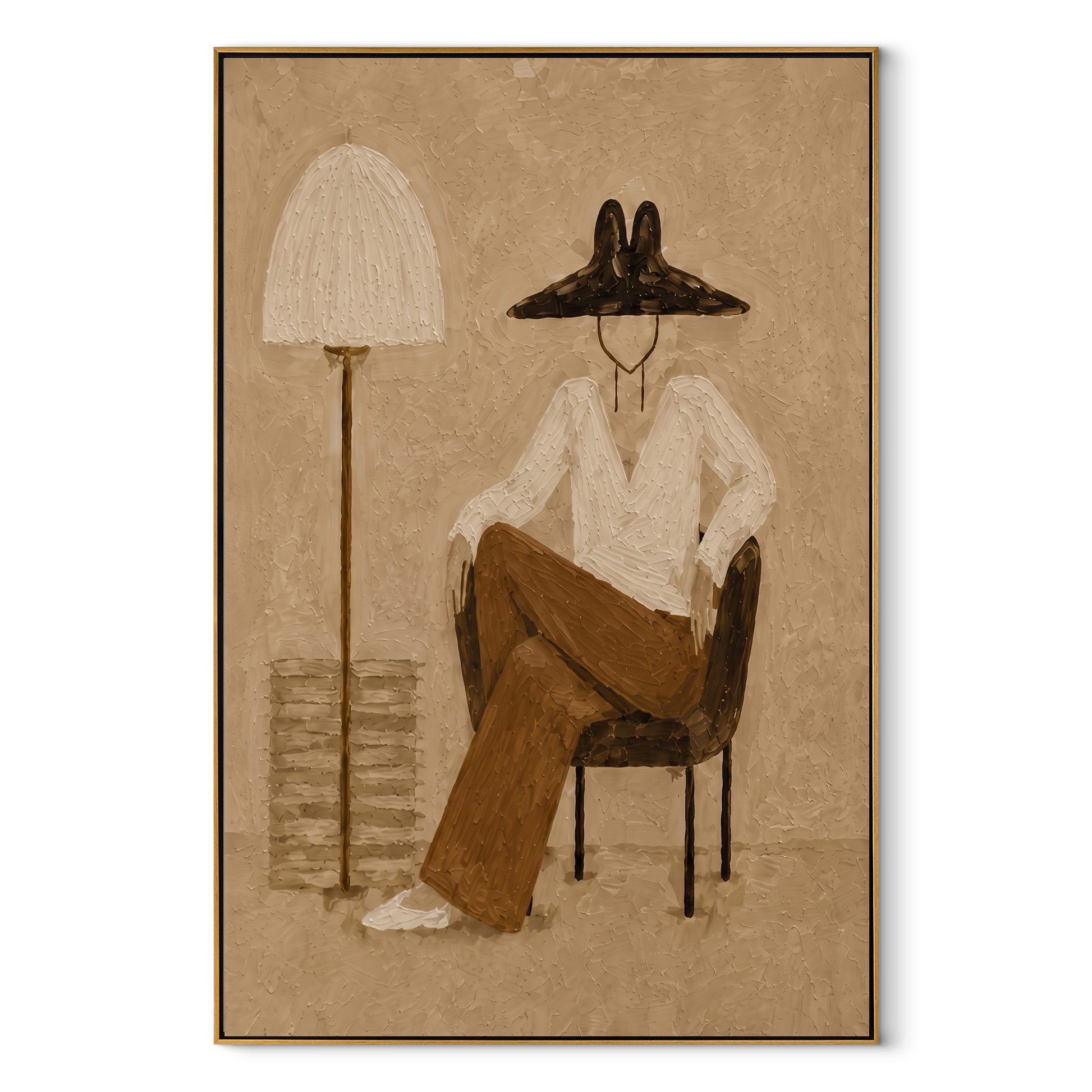 White Shirt Waits beneath Two Lamps - seated fashion figure painting by Marcus Lau, retro modern vertical wall art – wood frame on white background