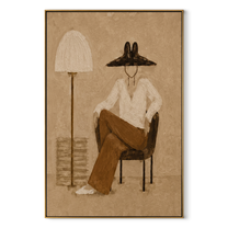 White Shirt Waits beneath Two Lamps - seated fashion figure painting by Marcus Lau, retro modern vertical wall art – wood frame on white background