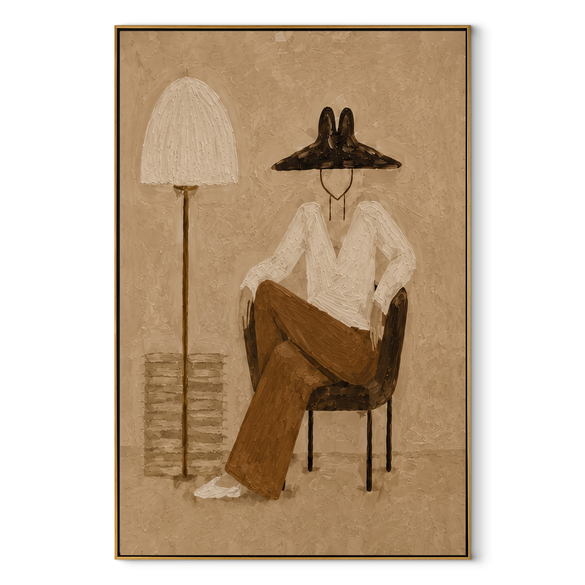 White Shirt Waits beneath Two Lamps - seated fashion figure painting by Marcus Lau, retro modern vertical wall art – wood frame on white background