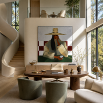 Coffee Cools beneath the Pale Brim - woman drinking coffee painting by Marcus Lau, retro modern square wall art – styled room scene view 1