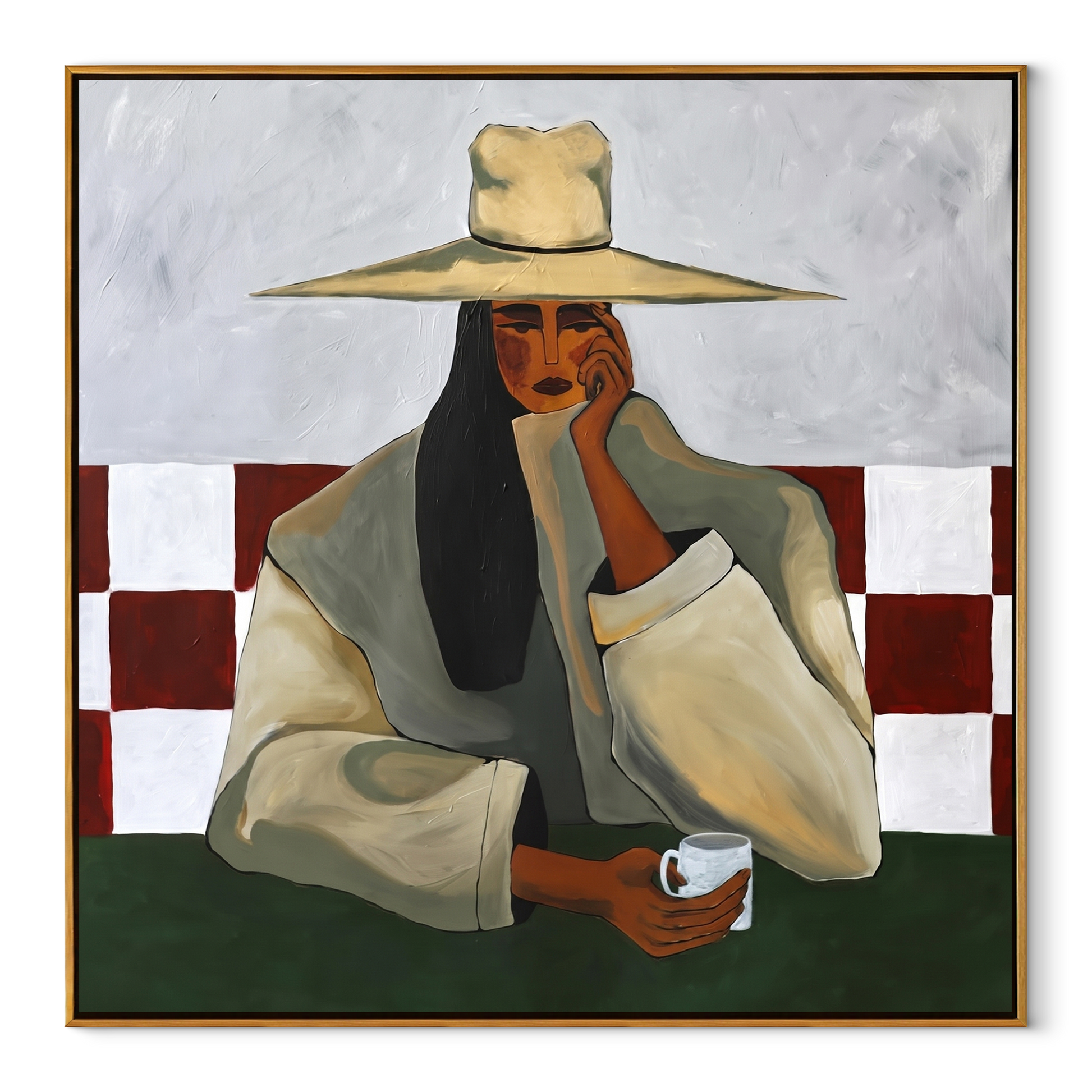 Coffee Cools beneath the Pale Brim - woman drinking coffee painting by Marcus Lau, retro modern square wall art – wood frame on white background
