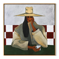 Coffee Cools beneath the Pale Brim - woman drinking coffee painting by Marcus Lau, retro modern square wall art – wood frame on white background