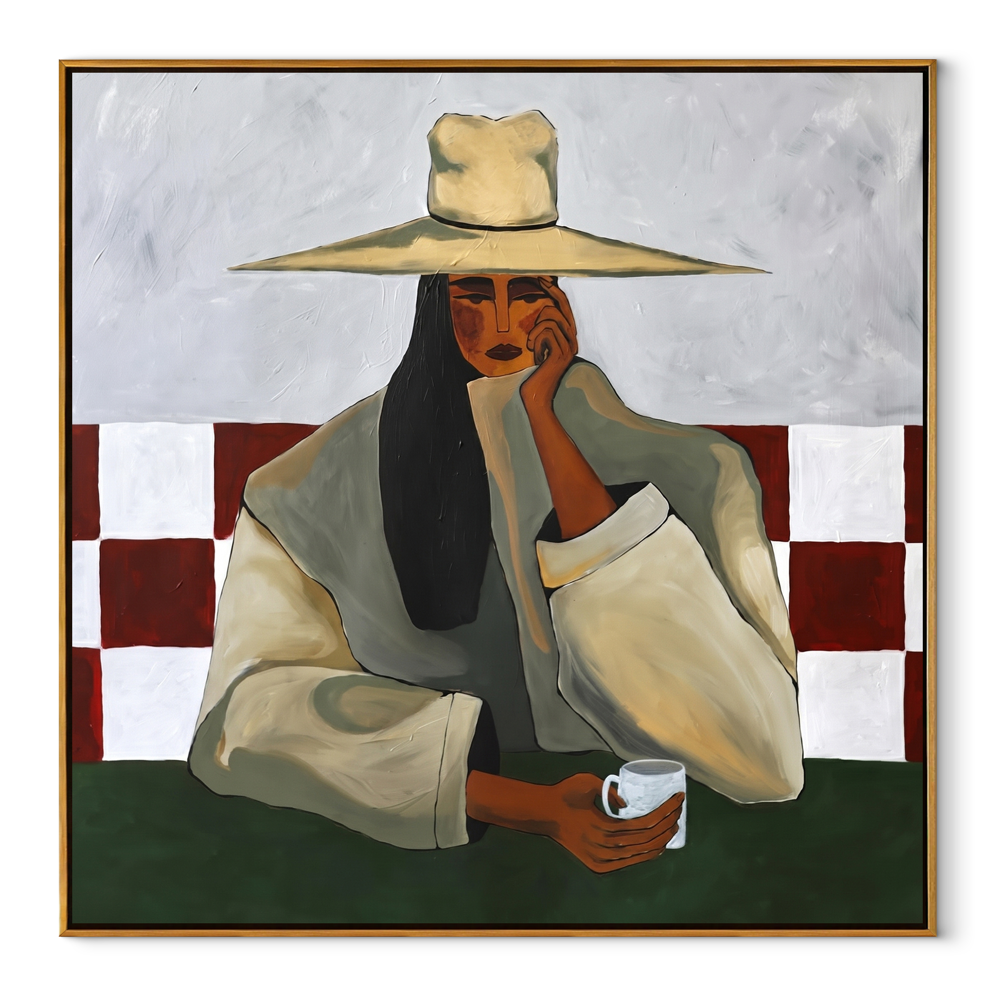 Coffee Cools beneath the Pale Brim - woman drinking coffee painting by Marcus Lau, retro modern square wall art – wood frame on white background