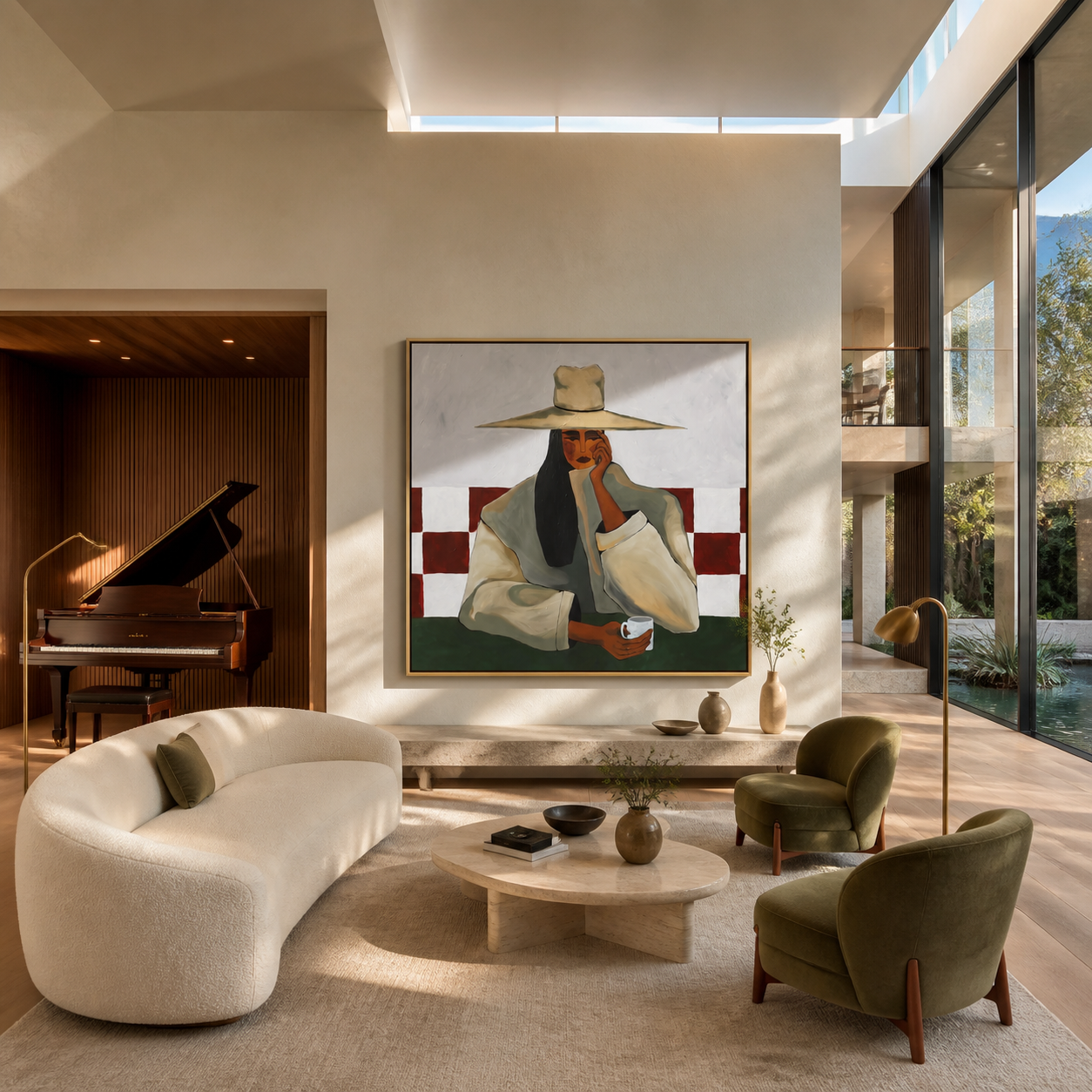 Coffee Cools beneath the Pale Brim - woman drinking coffee painting by Marcus Lau, retro modern square wall art – styled room scene view 2