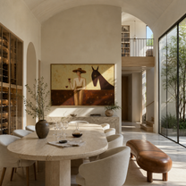 A Wine Glass Waits beside the Horse - woman and horse painting by Marcus Lau, retro modern horizontal wall art – styled room scene view 1