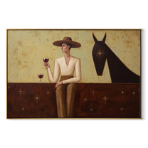 A Wine Glass Waits beside the Horse - woman and horse painting by Marcus Lau, retro modern horizontal wall art – wood frame on white background