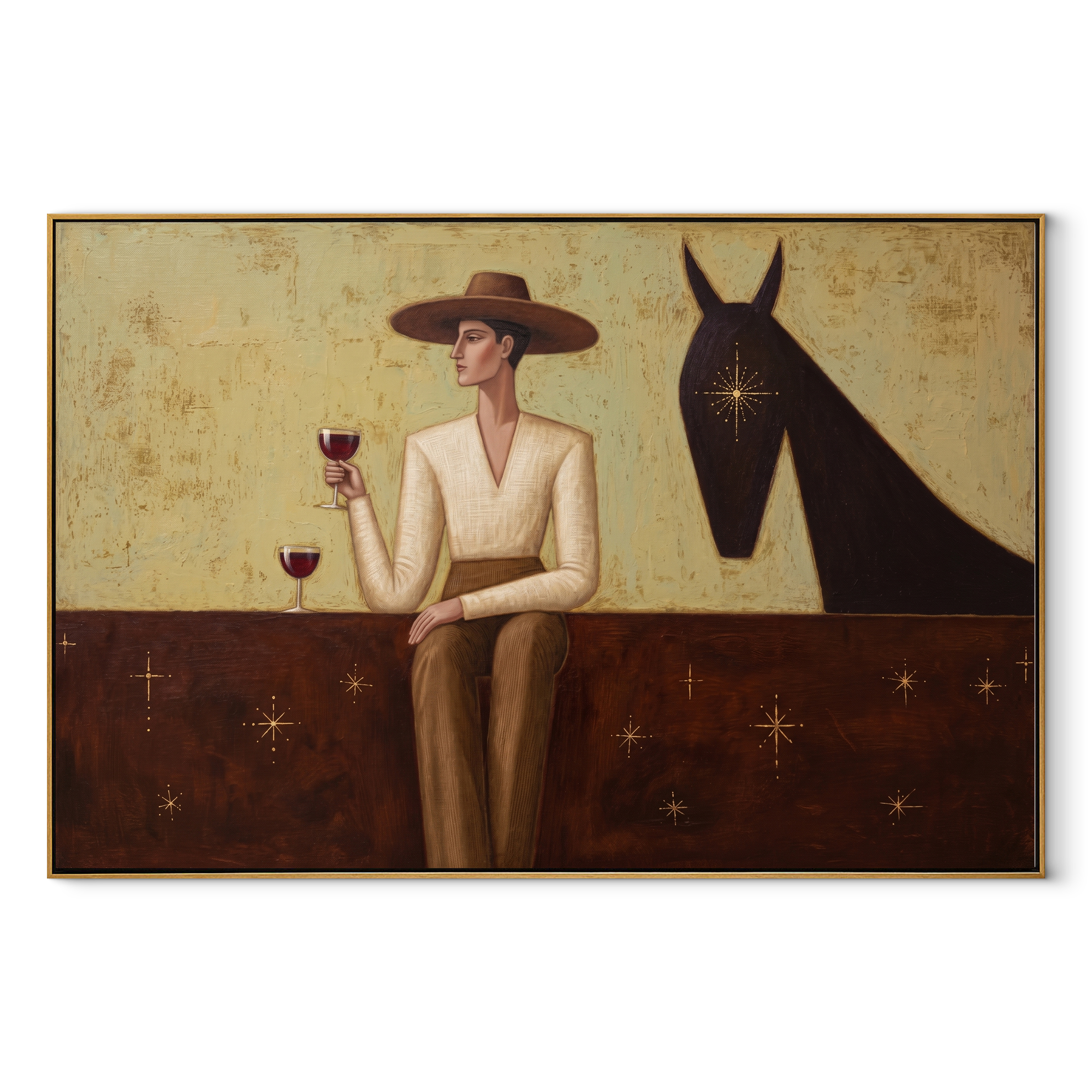 A Wine Glass Waits beside the Horse - woman and horse painting by Marcus Lau, retro modern horizontal wall art – wood frame on white background