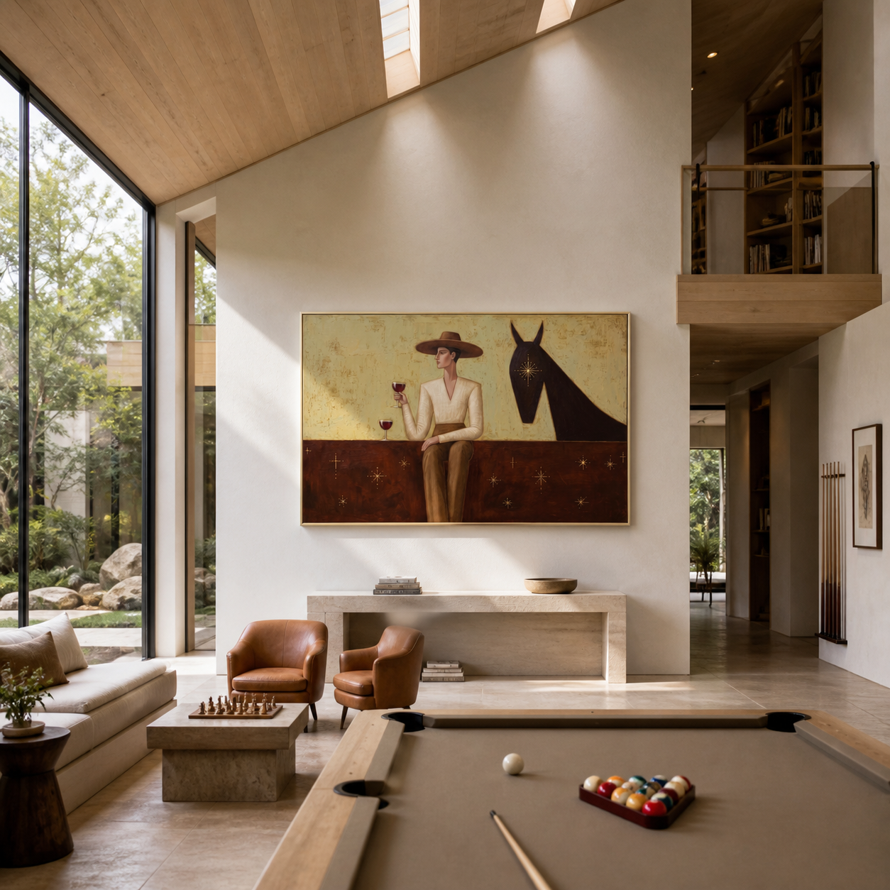 A Wine Glass Waits beside the Horse - woman and horse painting by Marcus Lau, retro modern horizontal wall art – styled room scene view 4