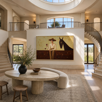 A Wine Glass Waits beside the Horse - woman and horse painting by Marcus Lau, retro modern horizontal wall art – styled room scene view 5