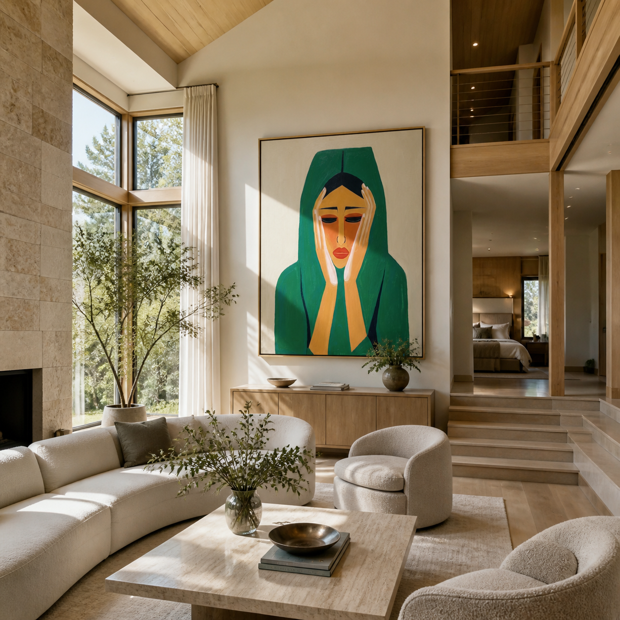 Emerald Silence Holds the Face - green hood woman portrait by Marcus Lau, retro modern vertical wall art – styled room scene view 1