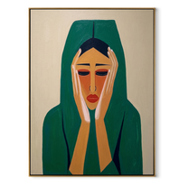 Emerald Silence Holds the Face - green hood woman portrait by Marcus Lau, retro modern vertical wall art – wood frame on white background