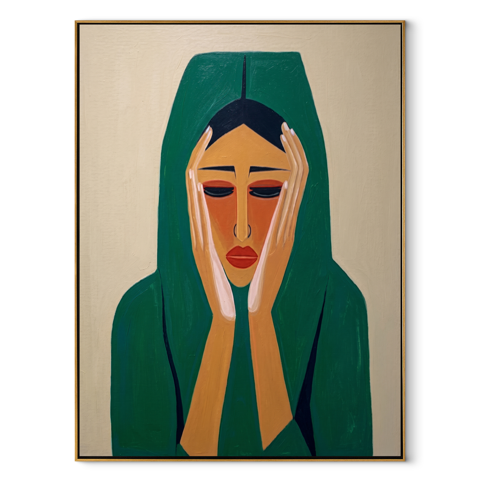 Emerald Silence Holds the Face - green hood woman portrait by Marcus Lau, retro modern vertical wall art – wood frame on white background
