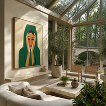 Emerald Silence Holds the Face - green hood woman portrait by Marcus Lau, retro modern vertical wall art – styled room scene view 2
