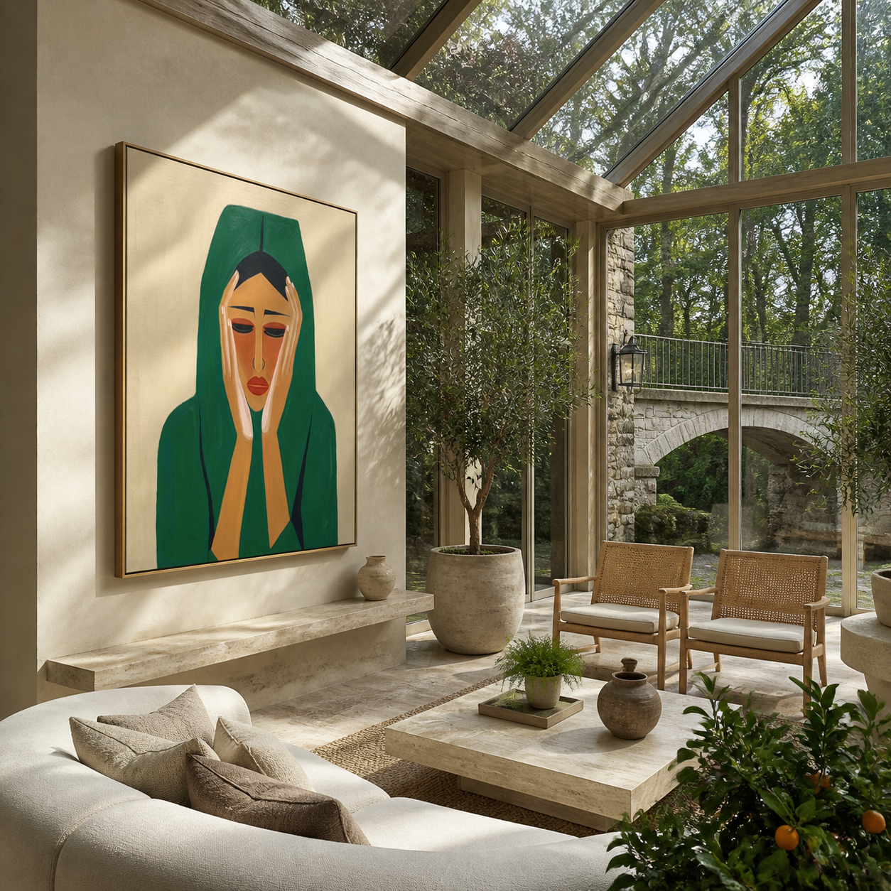 Emerald Silence Holds the Face - green hood woman portrait by Marcus Lau, retro modern vertical wall art – styled room scene view 2
