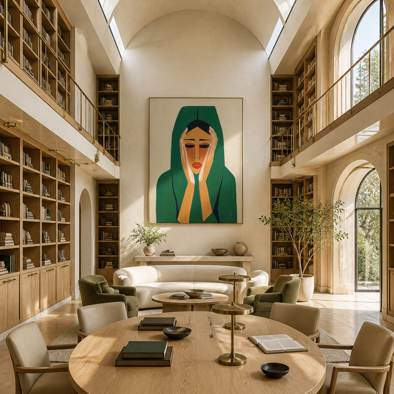 Emerald Silence Holds the Face - green hood woman portrait by Marcus Lau, retro modern vertical wall art – styled room scene view 3