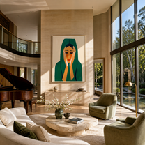 Emerald Silence Holds the Face - green hood woman portrait by Marcus Lau, retro modern vertical wall art – styled room scene view 4