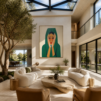 Emerald Silence Holds the Face - green hood woman portrait by Marcus Lau, retro modern vertical wall art – styled room scene view 5