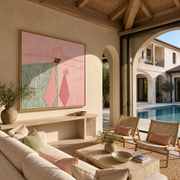 Pink Geometry Pours the Coffee - pink hat woman painting by Marcus Lau, retro modern square wall art – styled room scene view 1