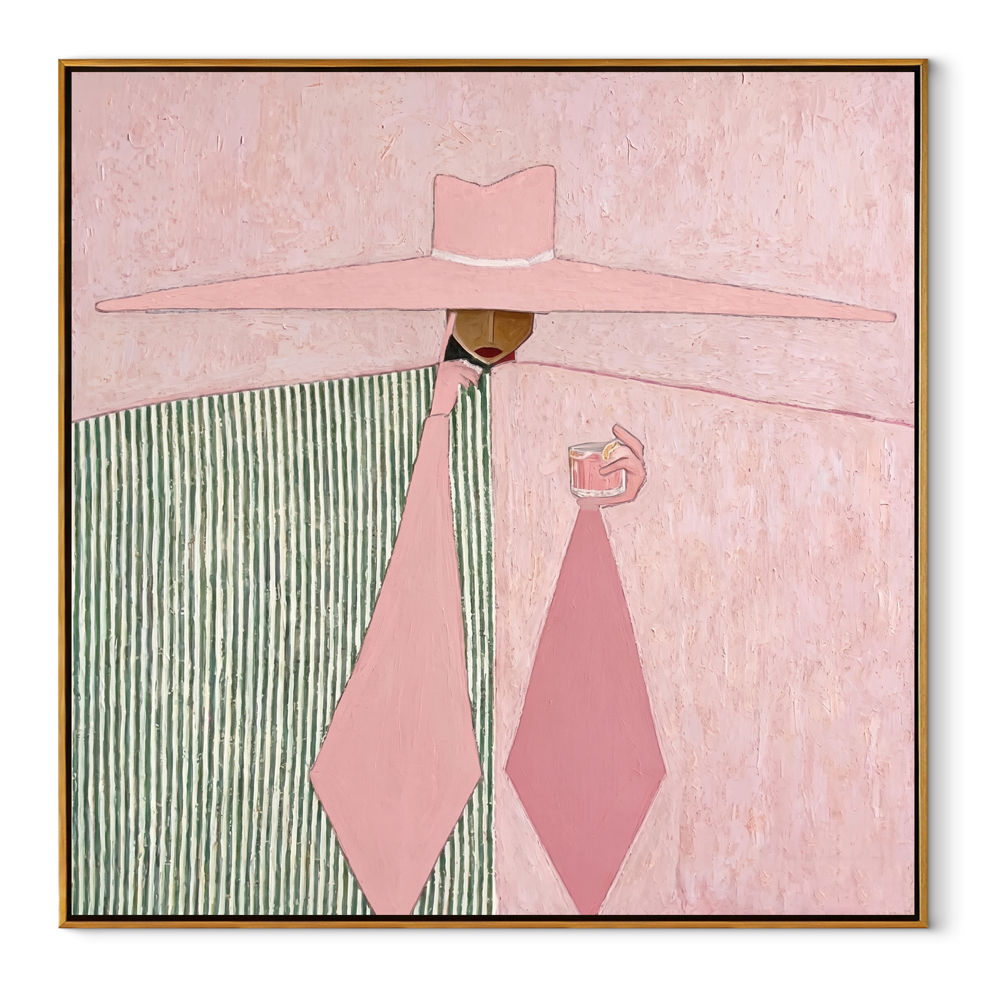 Pink Geometry Pours the Coffee - pink hat woman painting by Marcus Lau, retro modern square wall art – wood frame on white background