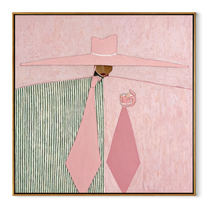 Pink Geometry Pours the Coffee - pink hat woman painting by Marcus Lau, retro modern square wall art – wood frame on white background