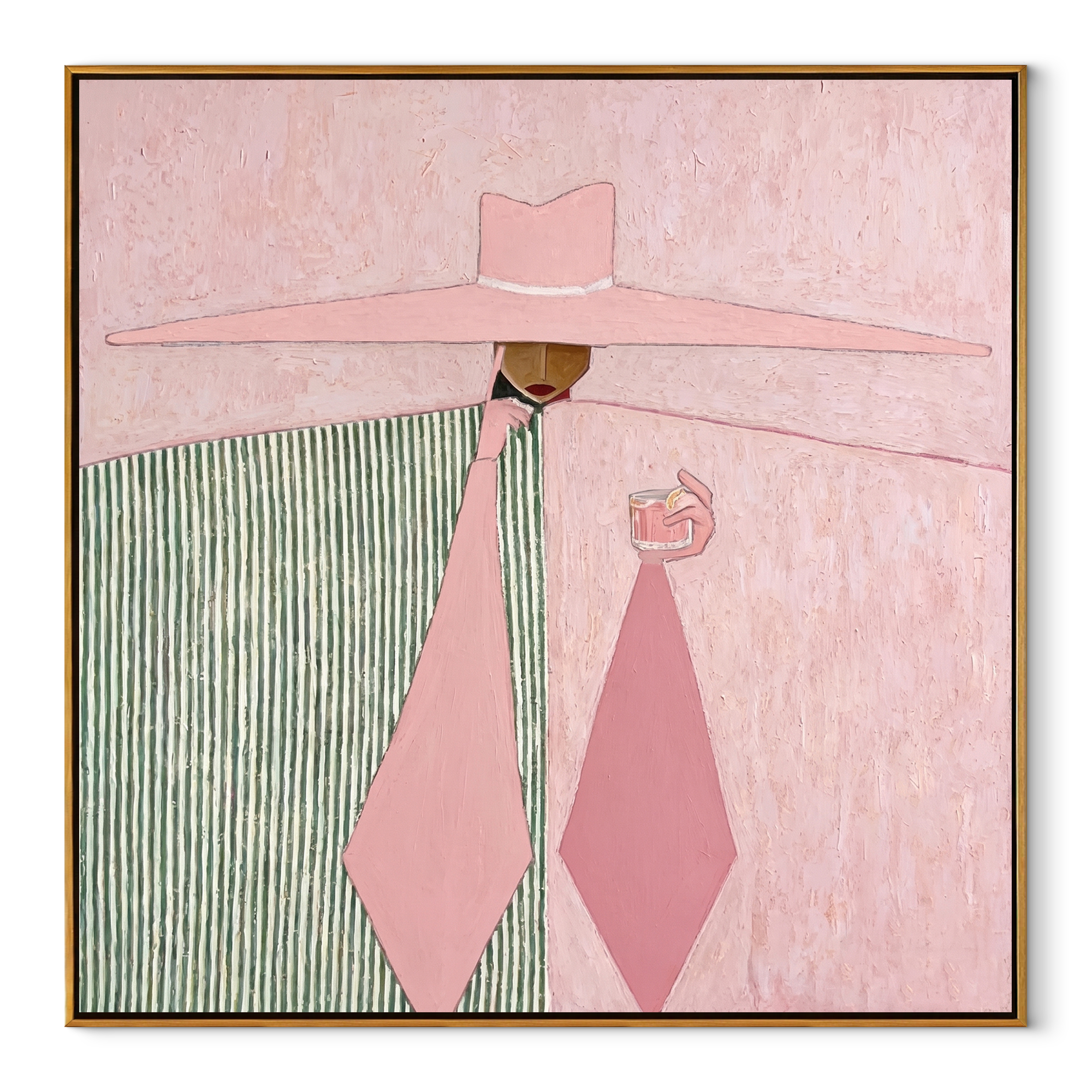 Pink Geometry Pours the Coffee - pink hat woman painting by Marcus Lau, retro modern square wall art – wood frame on white background