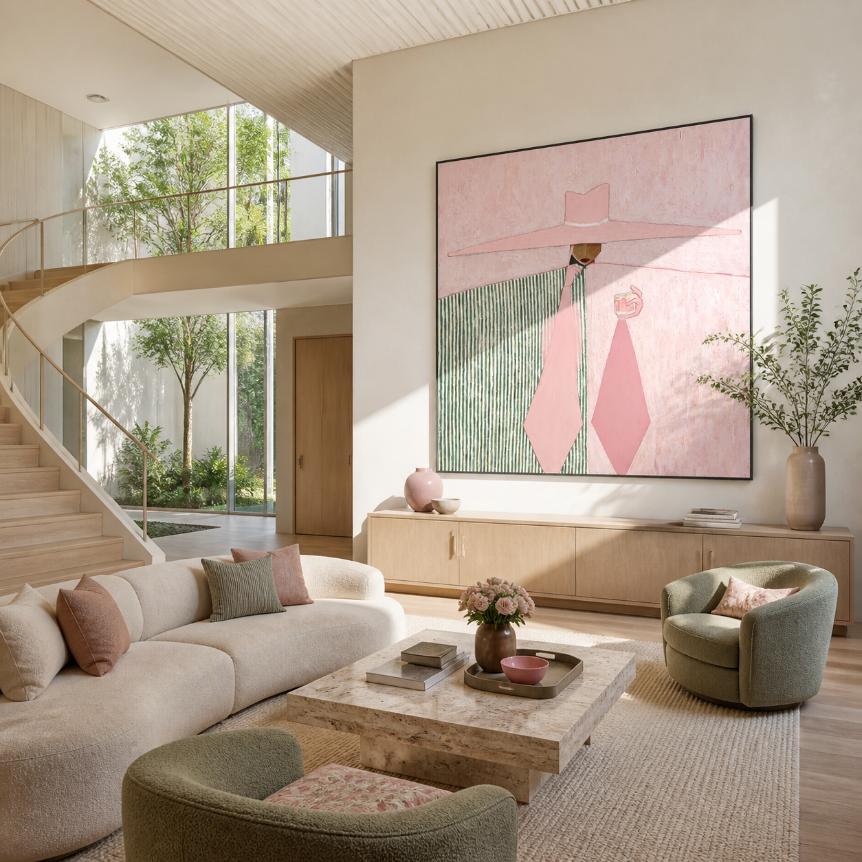 Pink Geometry Pours the Coffee - pink hat woman painting by Marcus Lau, retro modern square wall art – styled room scene view 2