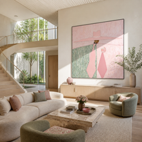 Pink Geometry Pours the Coffee - pink hat woman painting by Marcus Lau, retro modern square wall art – styled room scene view 2